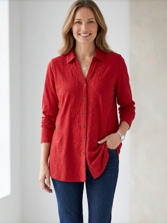 J. Jill Tops - J.Jill Women's Red Embroidered Knit Cotton Button-down Tunic M